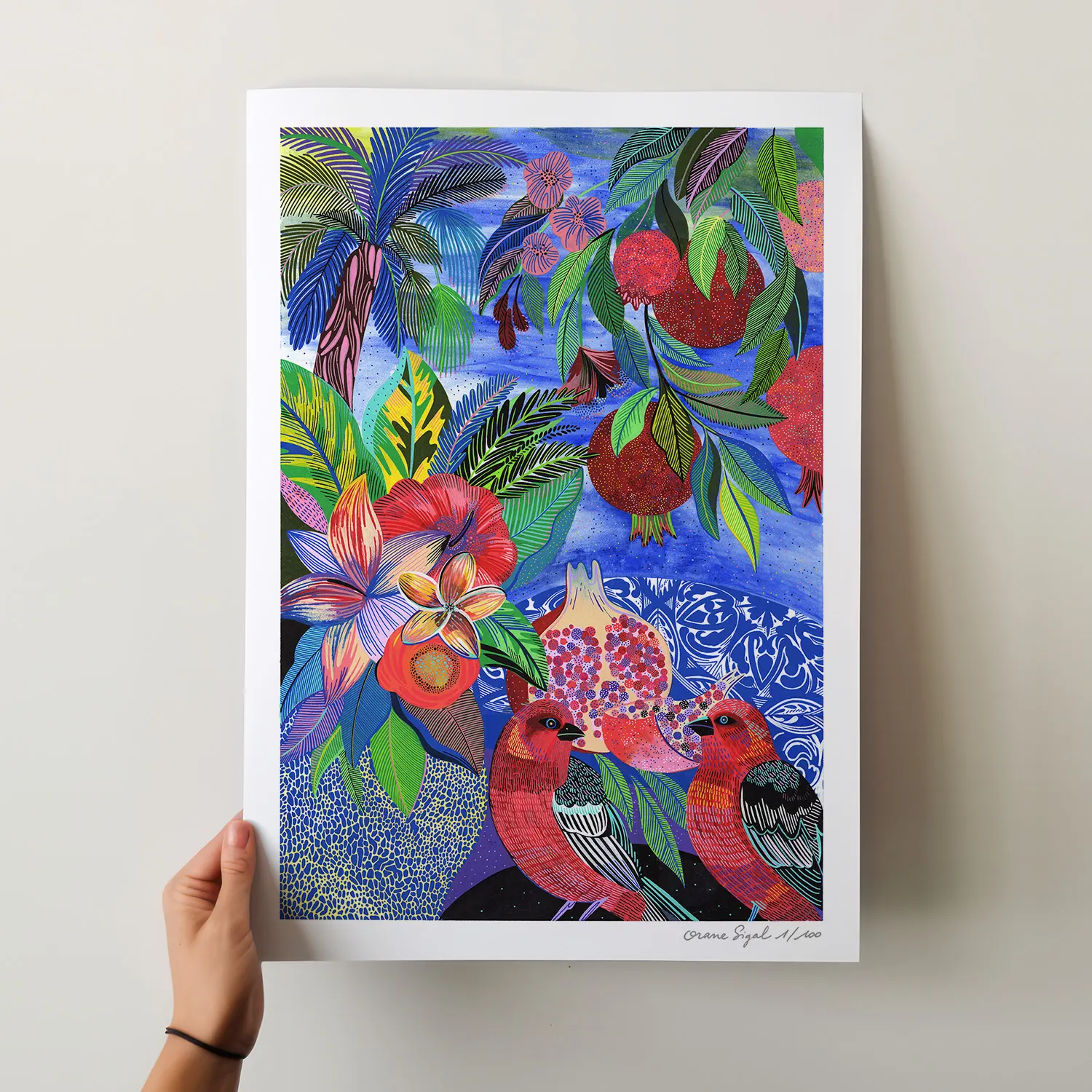 Grenades rouges éclatées, fleurs et feuillages tropicaux très colorés sur fond bleu, tirage d'art illustré par Orane Sigal