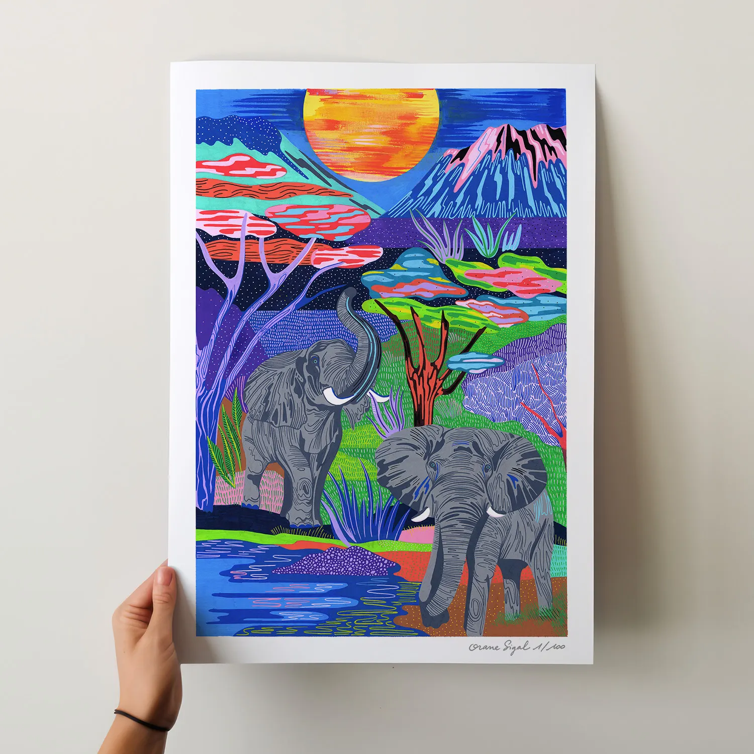 Deux éléphants gris dans une savane colorée, soleil orange et montagne bleue, tirage d'art illustré par Orane Sigal