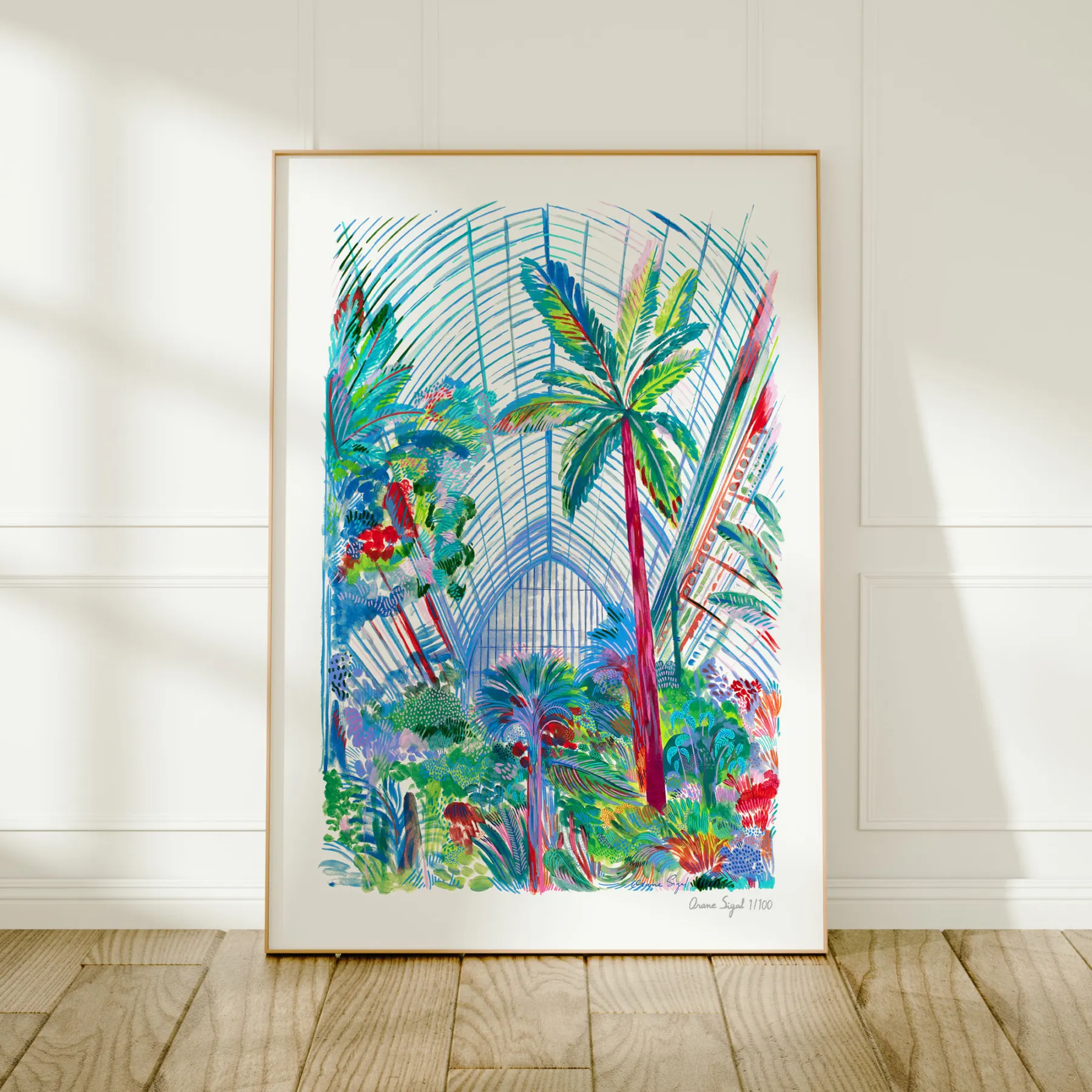 Grande serre tropicale aux palmiers et verrière, verts et bleus lumineux, tirage d'art illustré par Orane Sigal