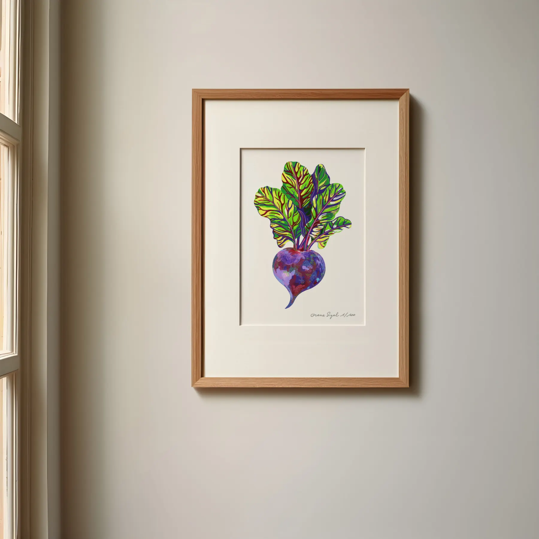 Betterave violette aux feuilles vertes nervurées sur fond blanc, tirage d'art illustré par Orane Sigal