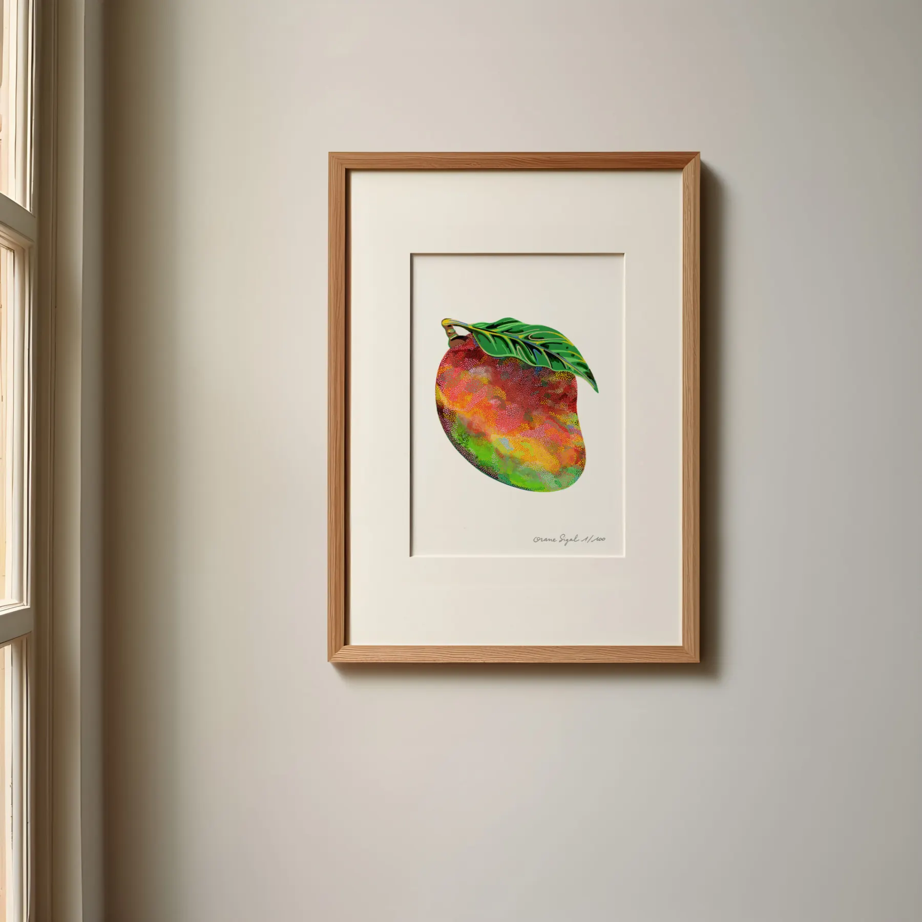 Mangue mûre aux teintes arc-en-ciel pointillées, feuille verte, fond blanc, tirage d'art illustré par Orane Sigal