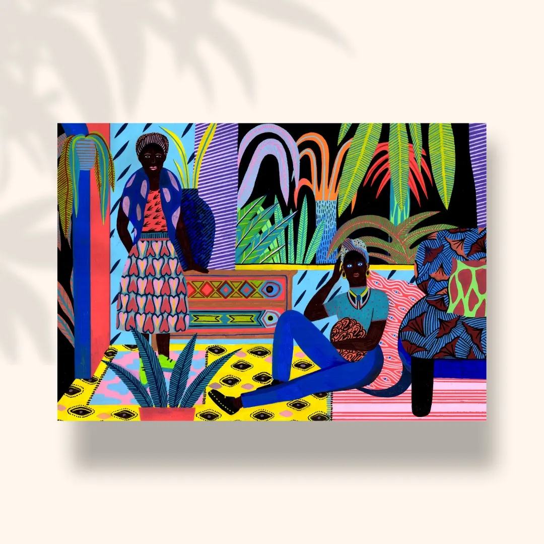 Deux femmes assises dans un jardin tropical aux motifs et couleurs éclatantes, carte postale illustrée par Orane Sigal