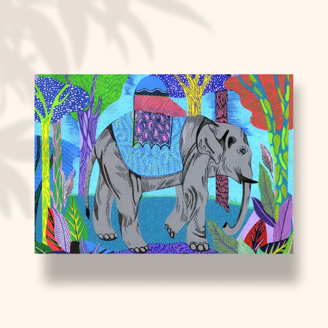 Éléphant d'Asie, carte postale illustrée par Orane Sigal