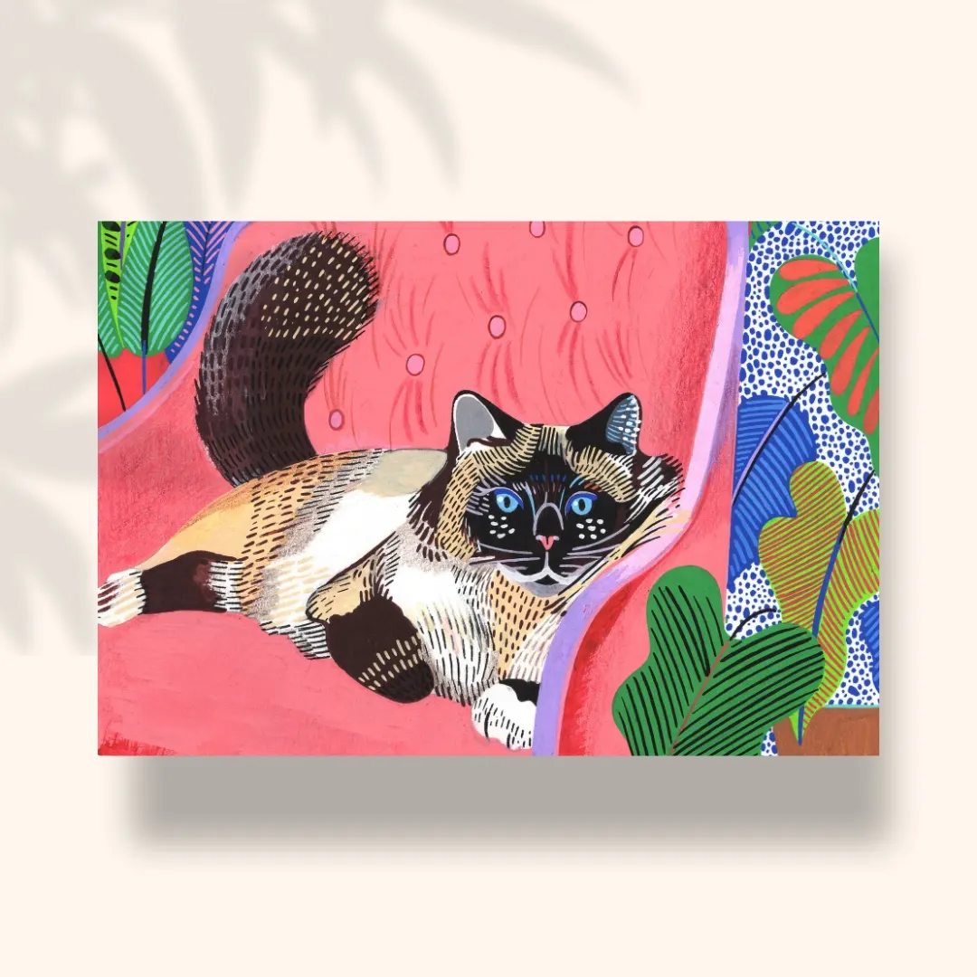 Chat siamois aux yeux bleus allongé sur un fauteuil rose, plantes vertes, carte postale illustrée par Orane Sigal