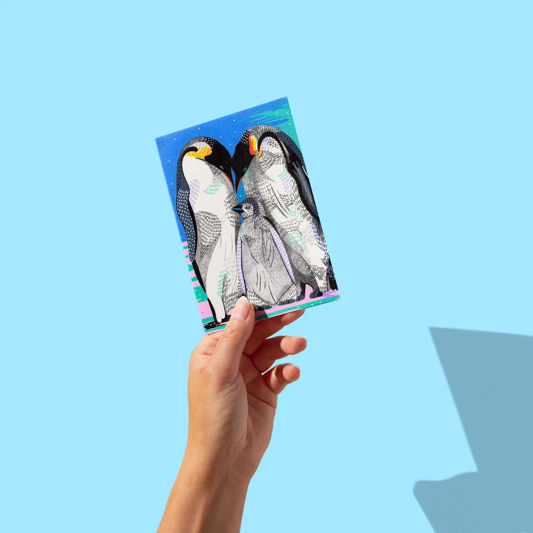 Couple de manchots empereurs protégeant leur poussin gris sur la banquise, carte postale illustrée par Orane Sigal