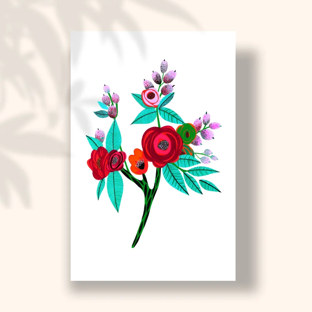 Bouquet de roses rouges et fleurs roses aux feuilles turquoise sur fond blanc, carte postale illustrée par Orane Sigal