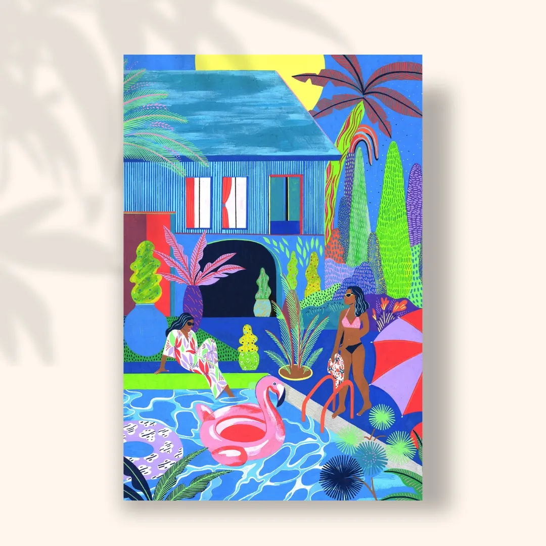 Villa et piscine avec bouée flamant rose, palmiers et baigneurs au soleil, carte postale illustrée par Orane Sigal