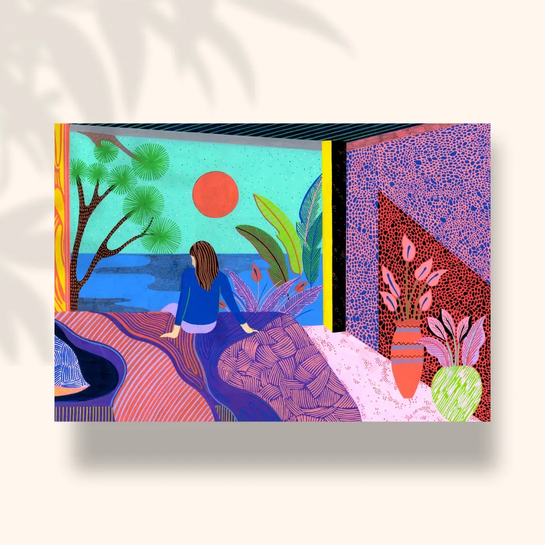Femme assise face à la mer, soleil rouge, intérieur coloré aux plantes en pot, carte postale illustrée par Orane Sigal
