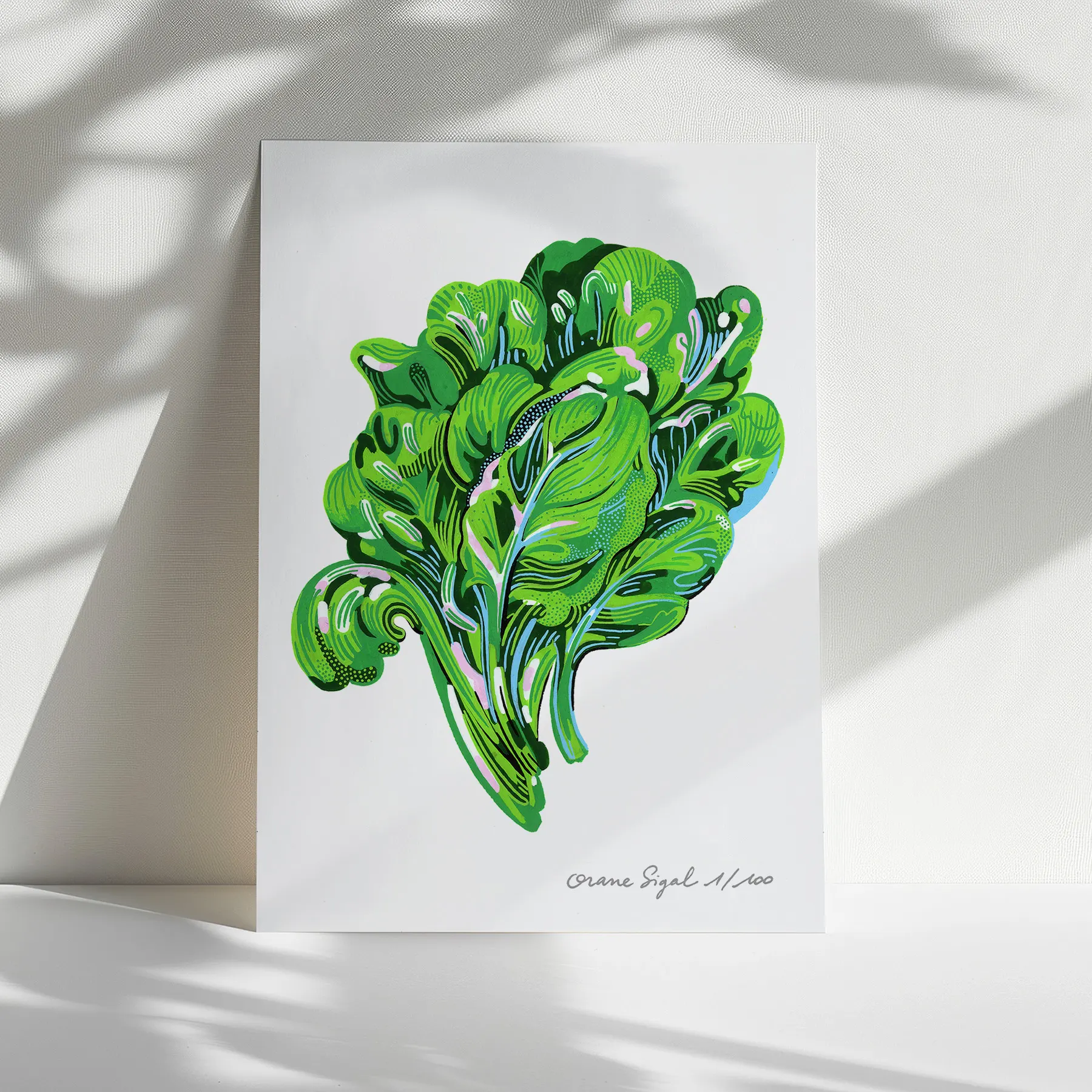 Feuilles d'épinards vertes ondulantes et tourbillonnantes sur fond blanc, tirage d'art illustré par Orane Sigal