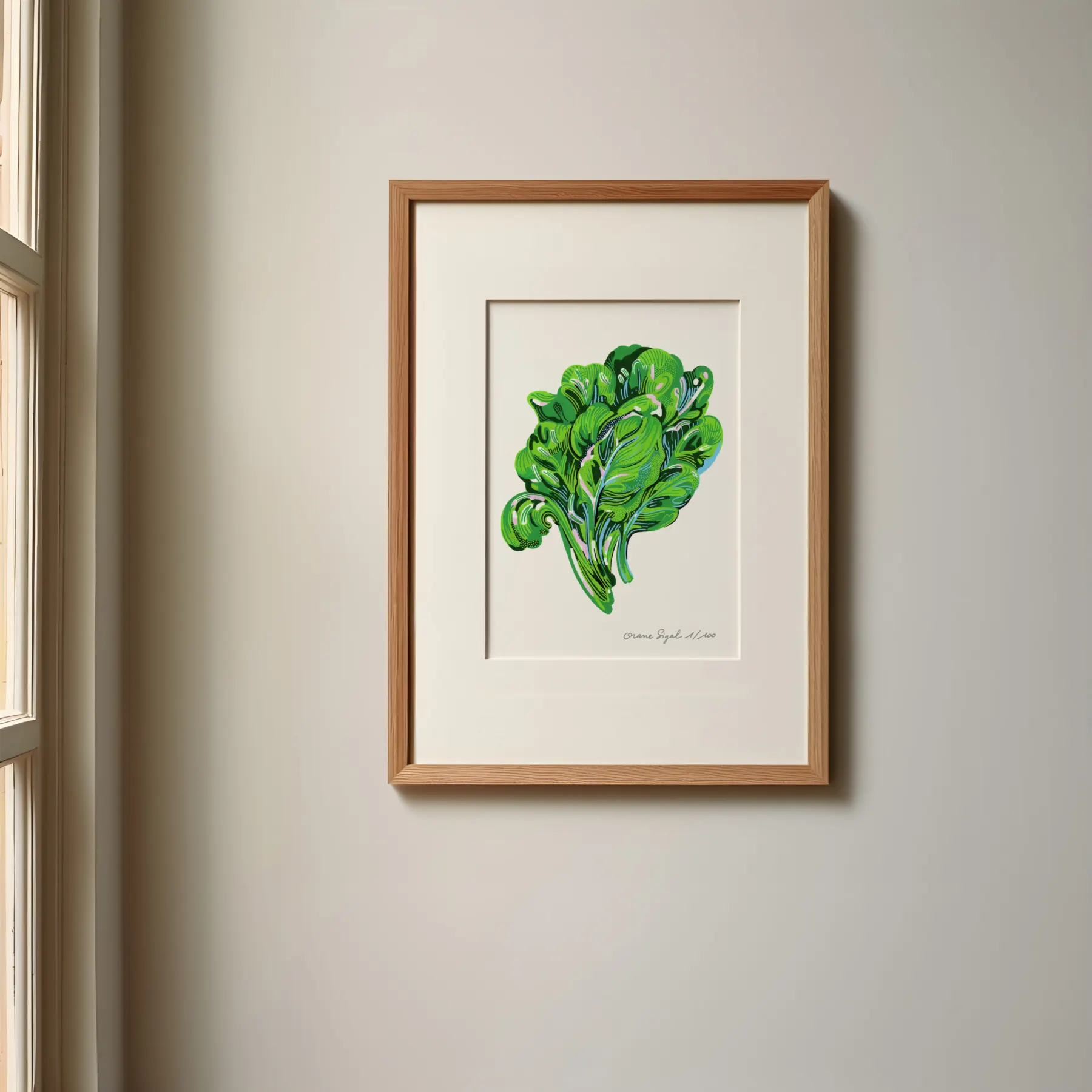 Feuilles d'épinards vertes ondulantes et tourbillonnantes sur fond blanc, tirage d'art illustré par Orane Sigal