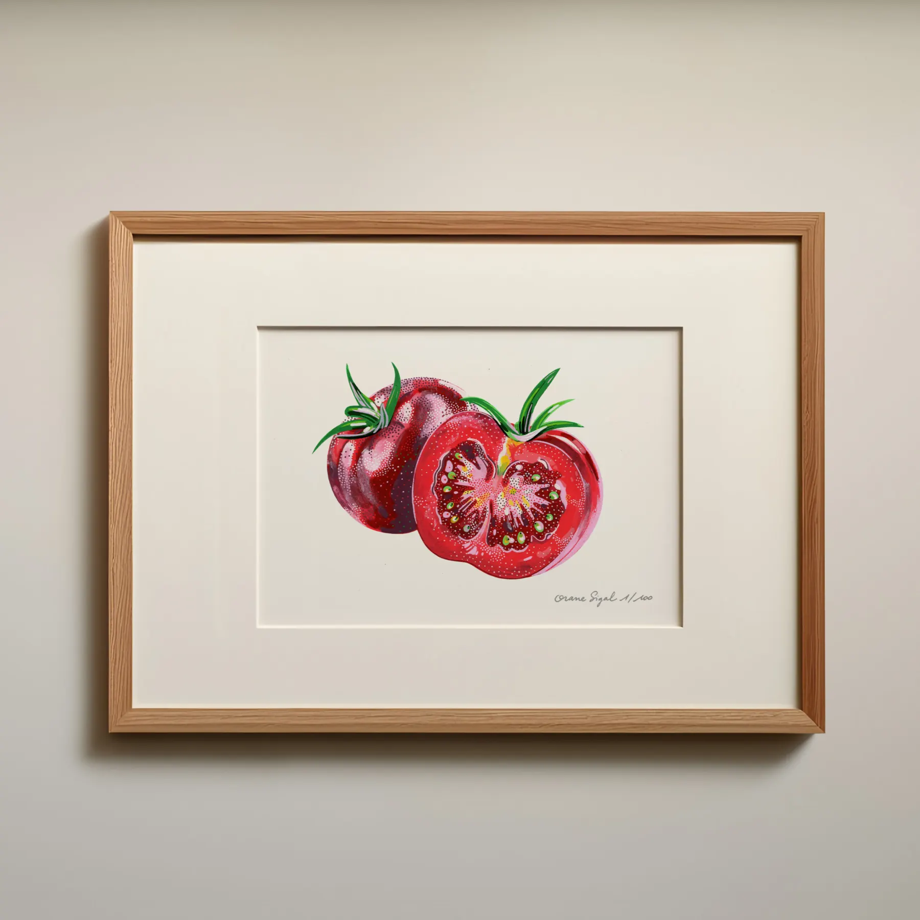 Deux tomates rouges dont une coupée en deux révélant ses graines, sur fond blanc, tirage d'art illustré par Orane Sigal