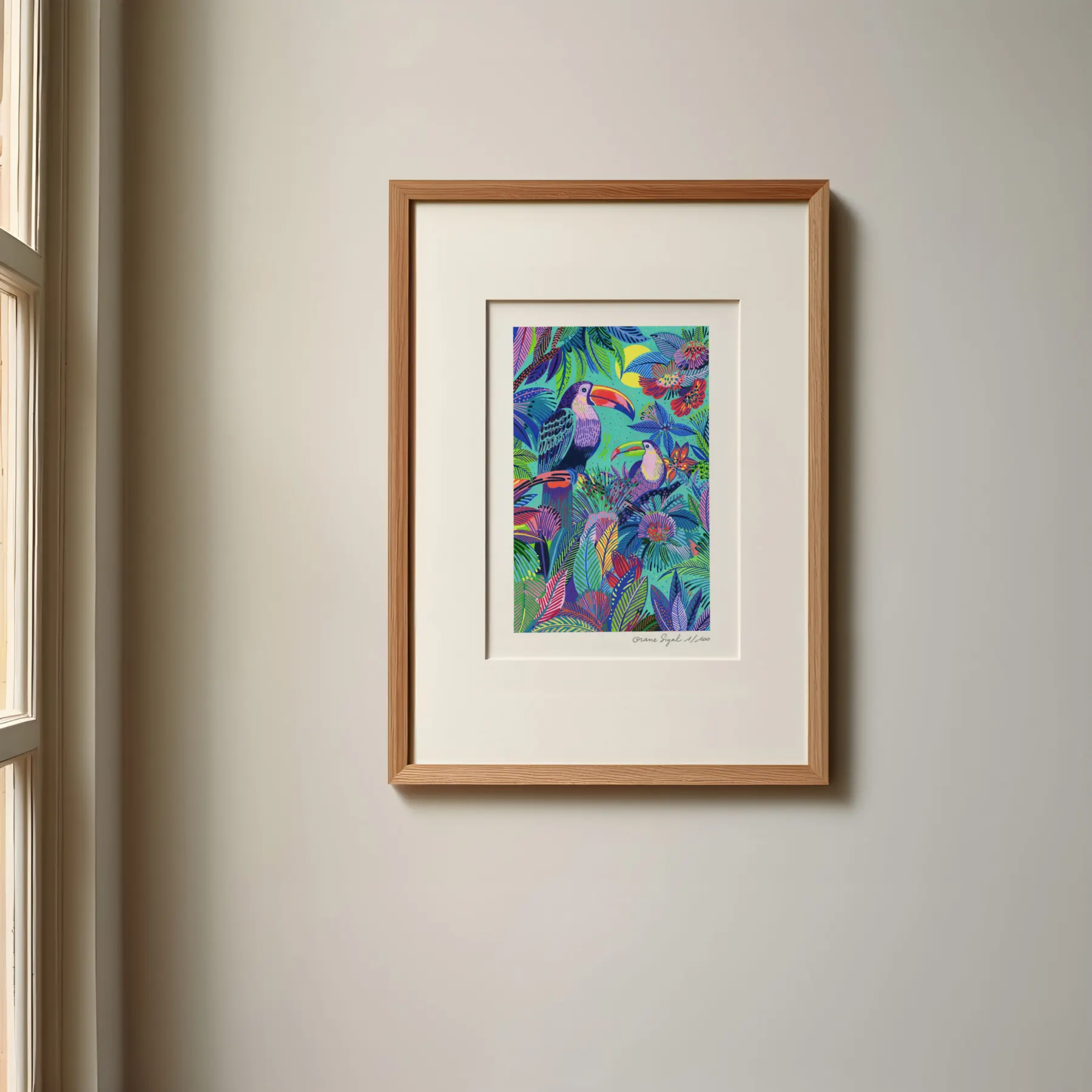 Deux toucans bleus au bec coloré dans une jungle dense et vive, tirage d'art illustré par Orane Sigal