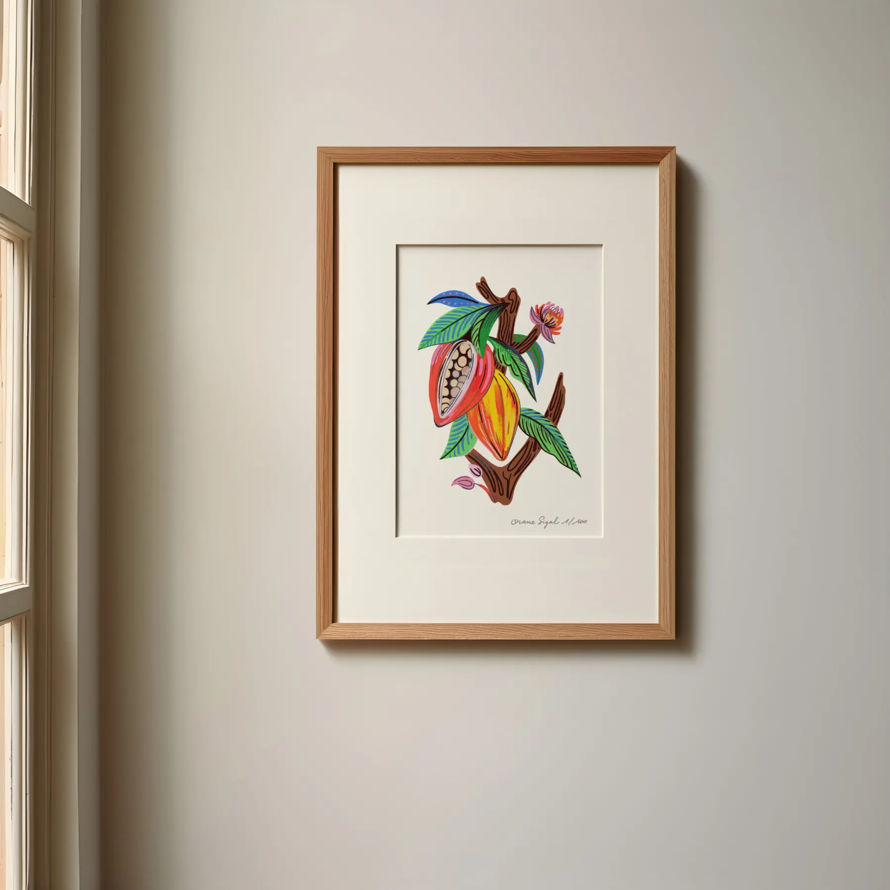 Cabosses de cacao ouvertes sur branche, feuilles vertes et fleur rose, tirage d'art illustré par Orane Sigal