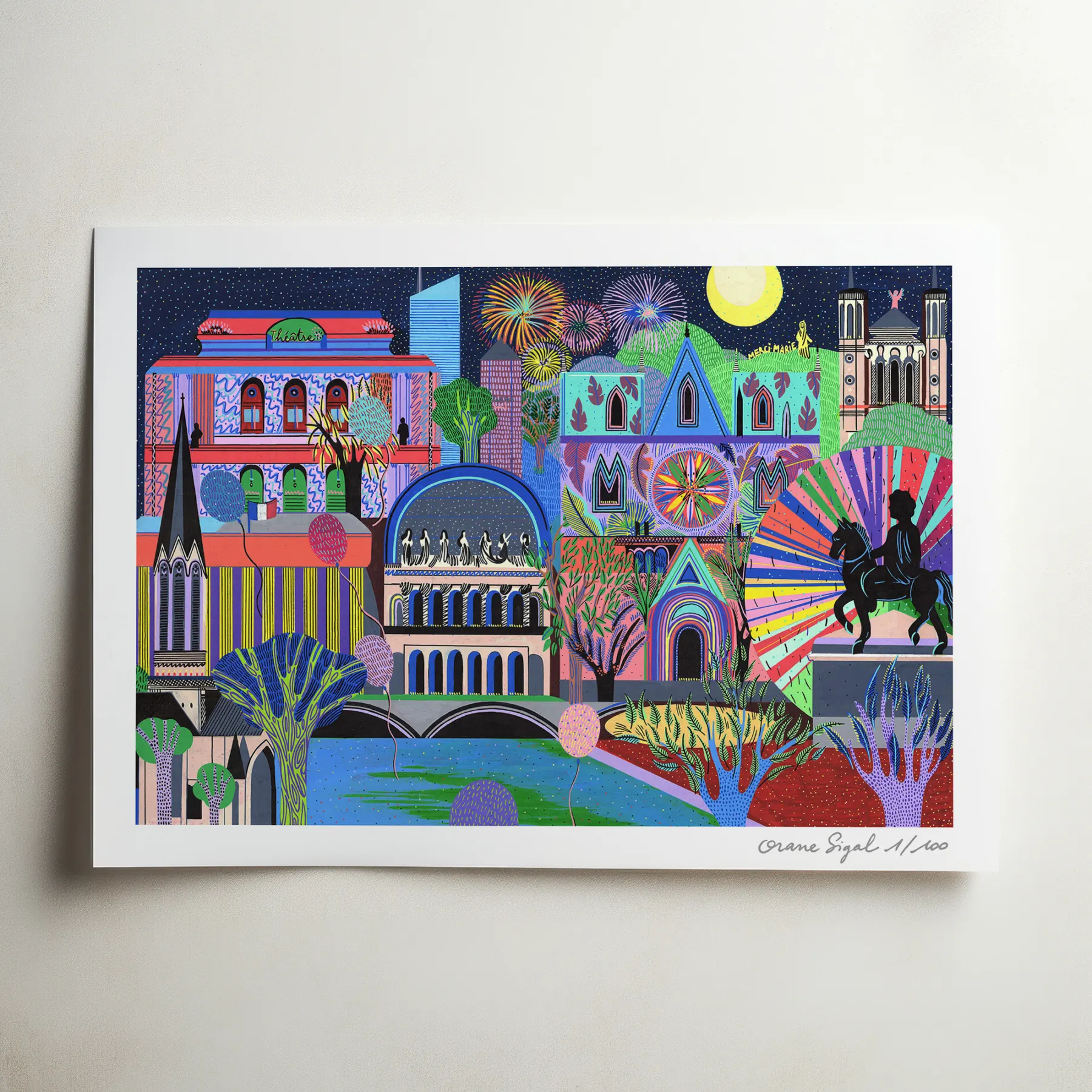 Monuments de Lyon illuminés la nuit, cathédrale et statue équestre, façades colorées sous la lune, tirage d'art illustré par Orane Sigal