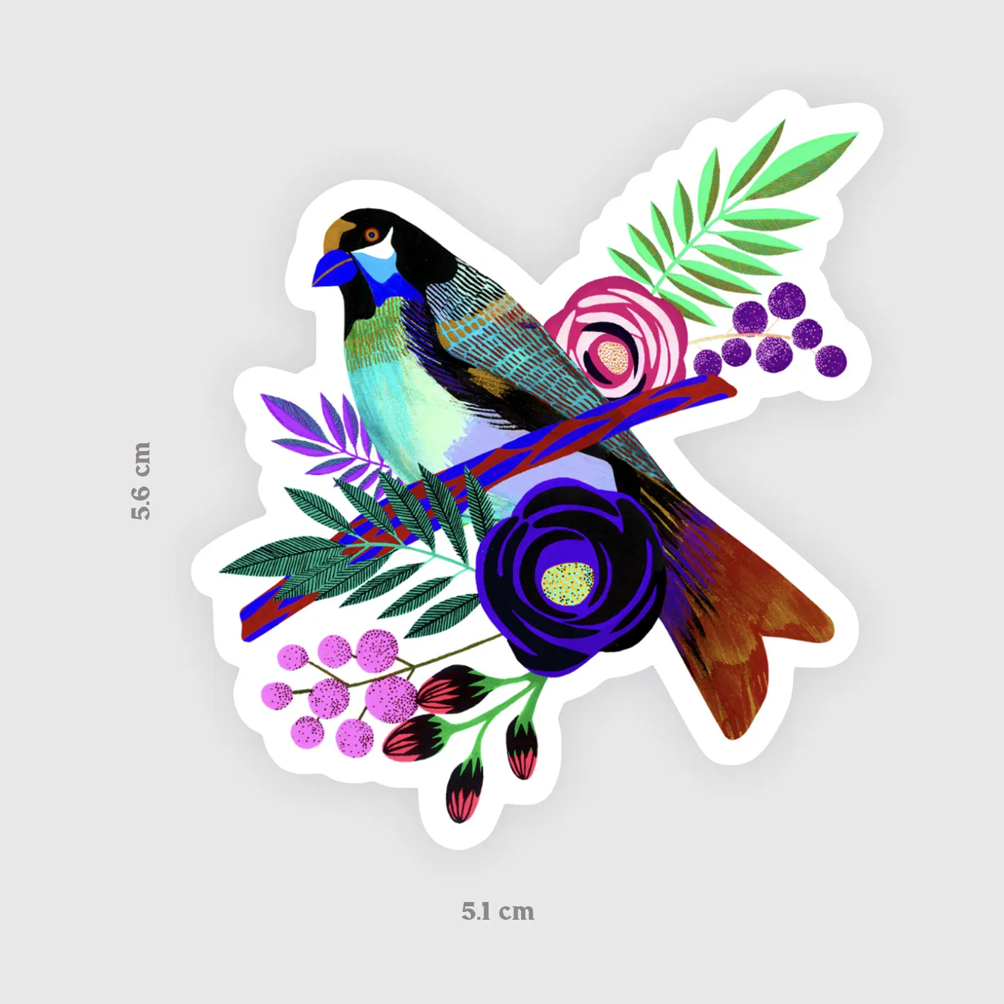 Oiseau perché sur branche fleurie, roses violettes et baies sur fond blanc, sticker illustré par Orane Sigal