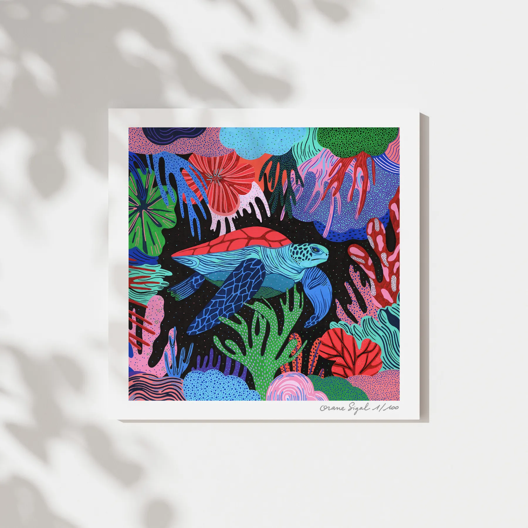 Tortue de mer bleue et rouge nageant parmi des coraux multicolores sur fond noir, tirage d'art illustré par Orane Sigal