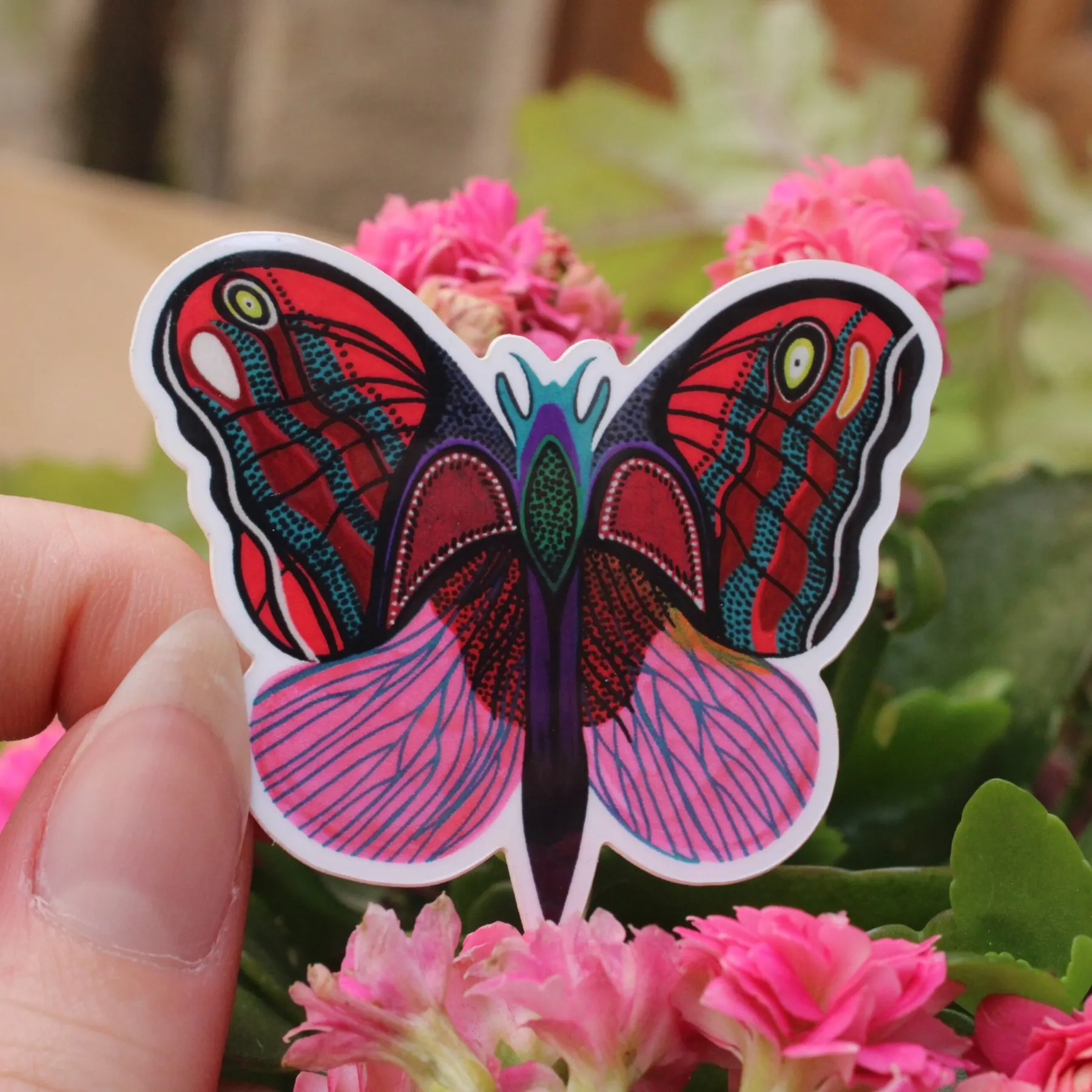Papillon de nuit aux ailes rouges, roses et bleu-vert, sticker illustré par Orane Sigal