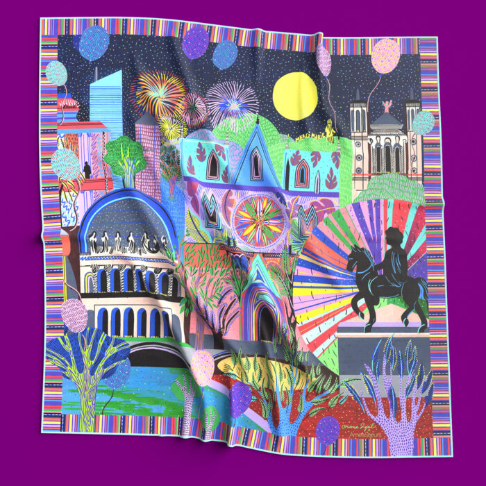 Monuments de Lyon illuminés la nuit, cathédrale et statue équestre, façades colorées sous la lune, carré de soie illustré par Orane Sigal