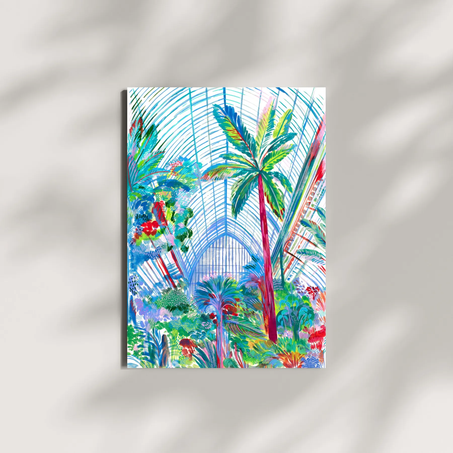 Grande serre tropicale aux palmiers et verrière, verts et bleus lumineux, carte postale illustrée par Orane Sigal