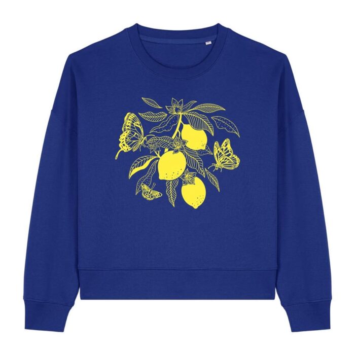 Sweat bleu électrique - Citrons et papillons