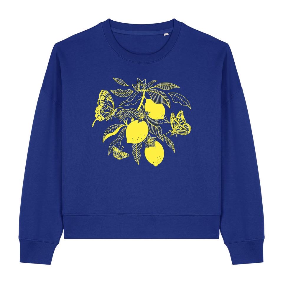 Sweat bleu électrique - Citrons et papillons