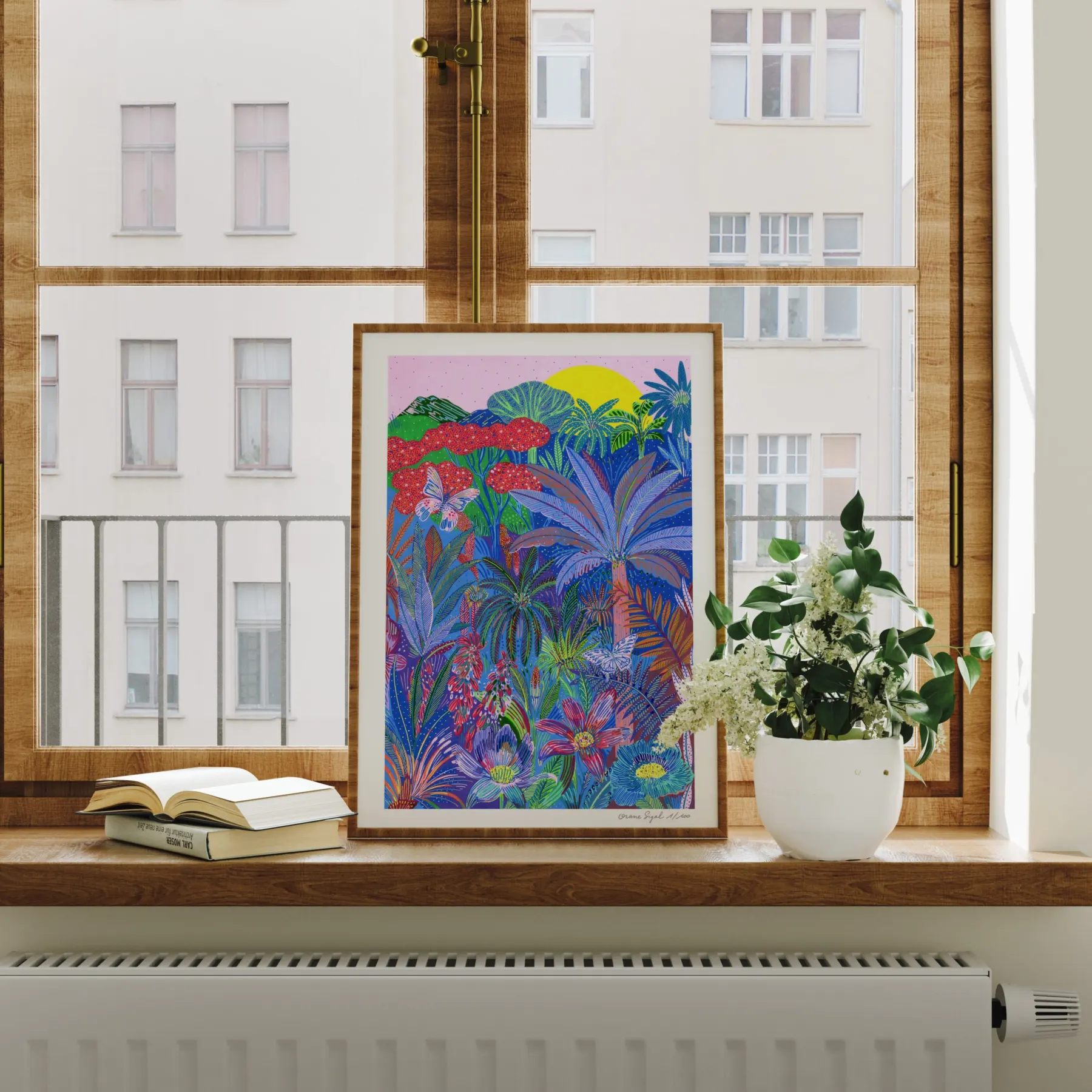 Jungle dense de palmiers et feuillages aux couleurs vives sur fond jaune et bleu, tirage d'art illustré par Orane Sigal