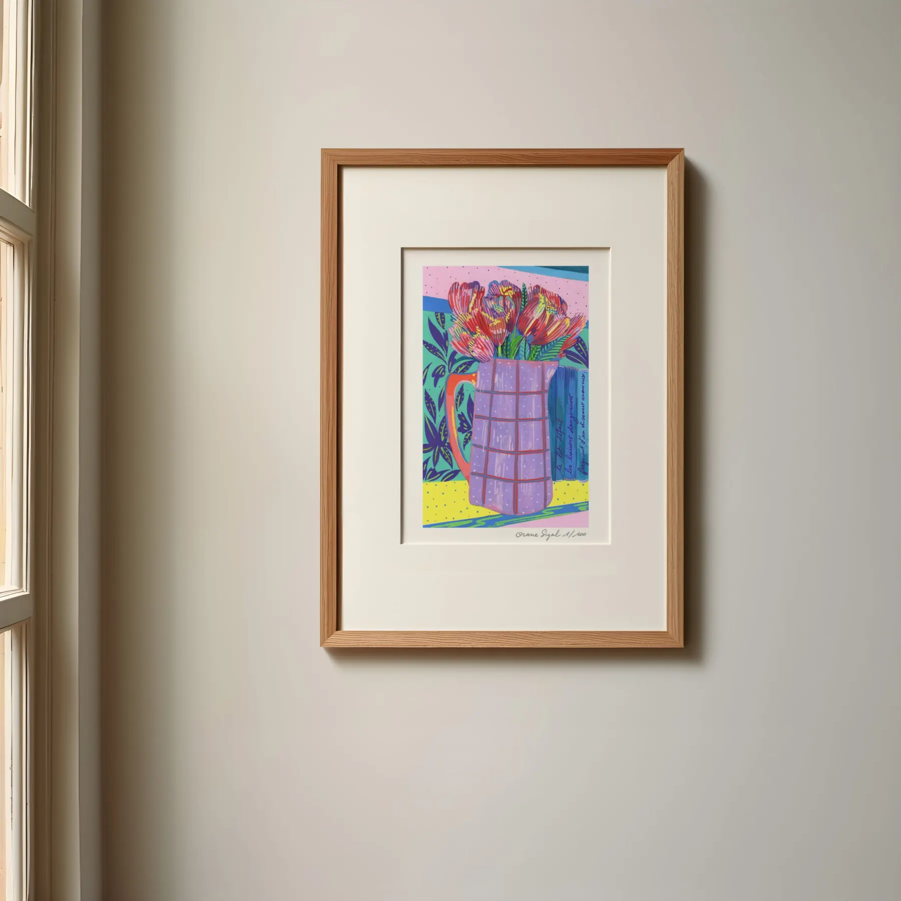 Bouquet de tulipes rouges dans un pichet violet à carreaux, fond turquoise et rose, tirage d'art illustré par Orane Sigal