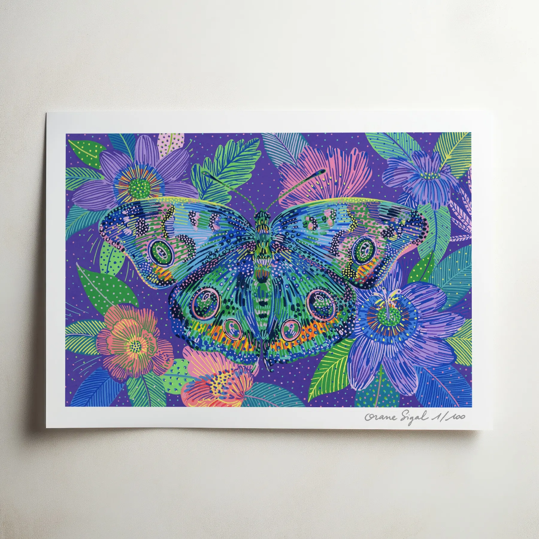 Grand papillon bleu et vert aux ocelles, posé sur des fleurs violettes, tirage d'art illustré par Orane Sigal