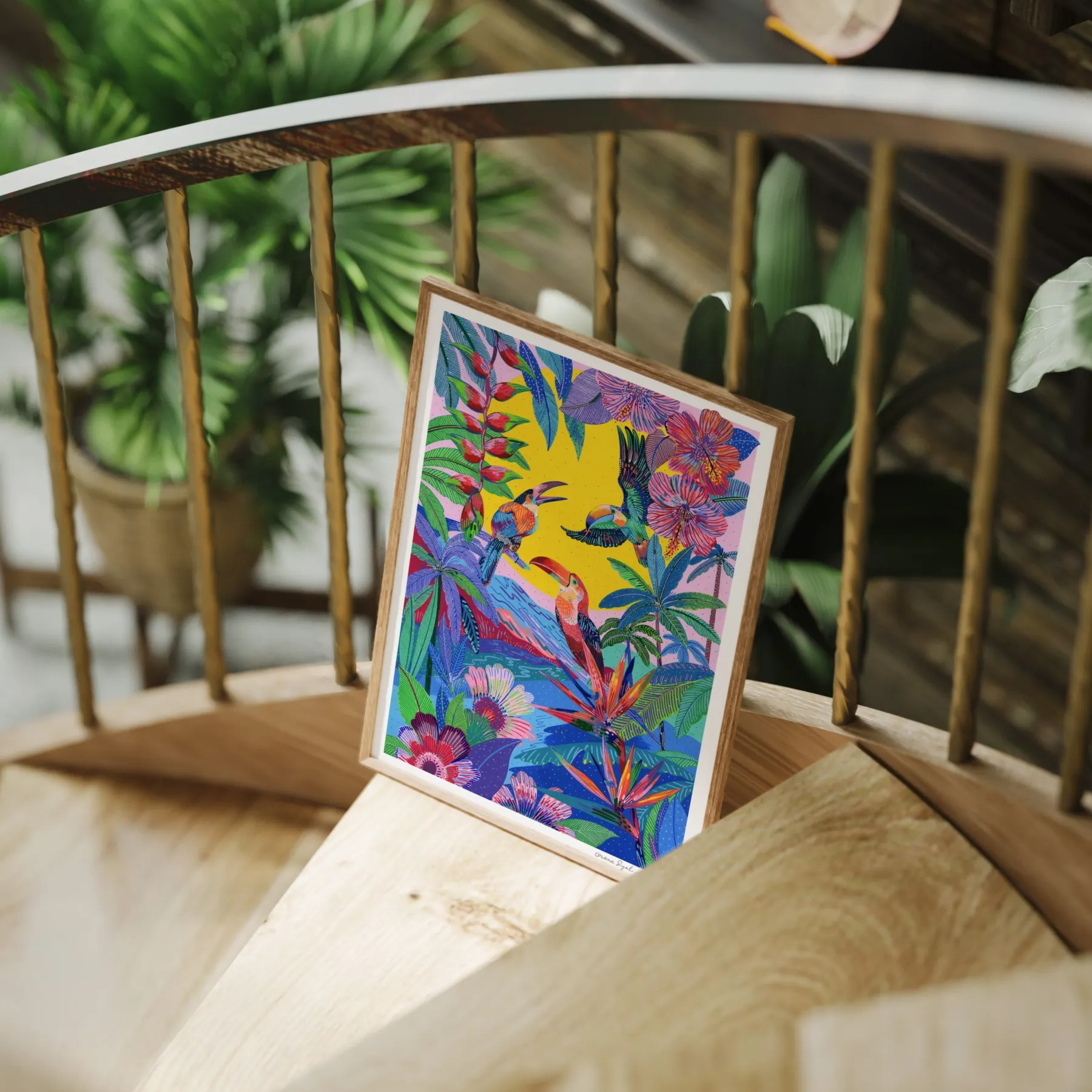 Toucans colorés dans une jungle fleurie devant un soleil jaune levant, tirage d'art illustré par Orane Sigal