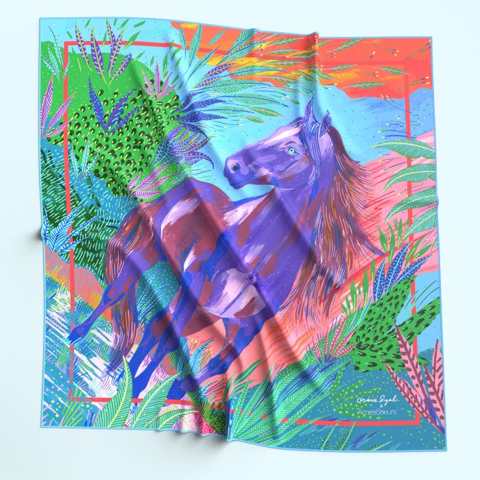 Cheval de feu, carré de soie illustré par Orane Sigal