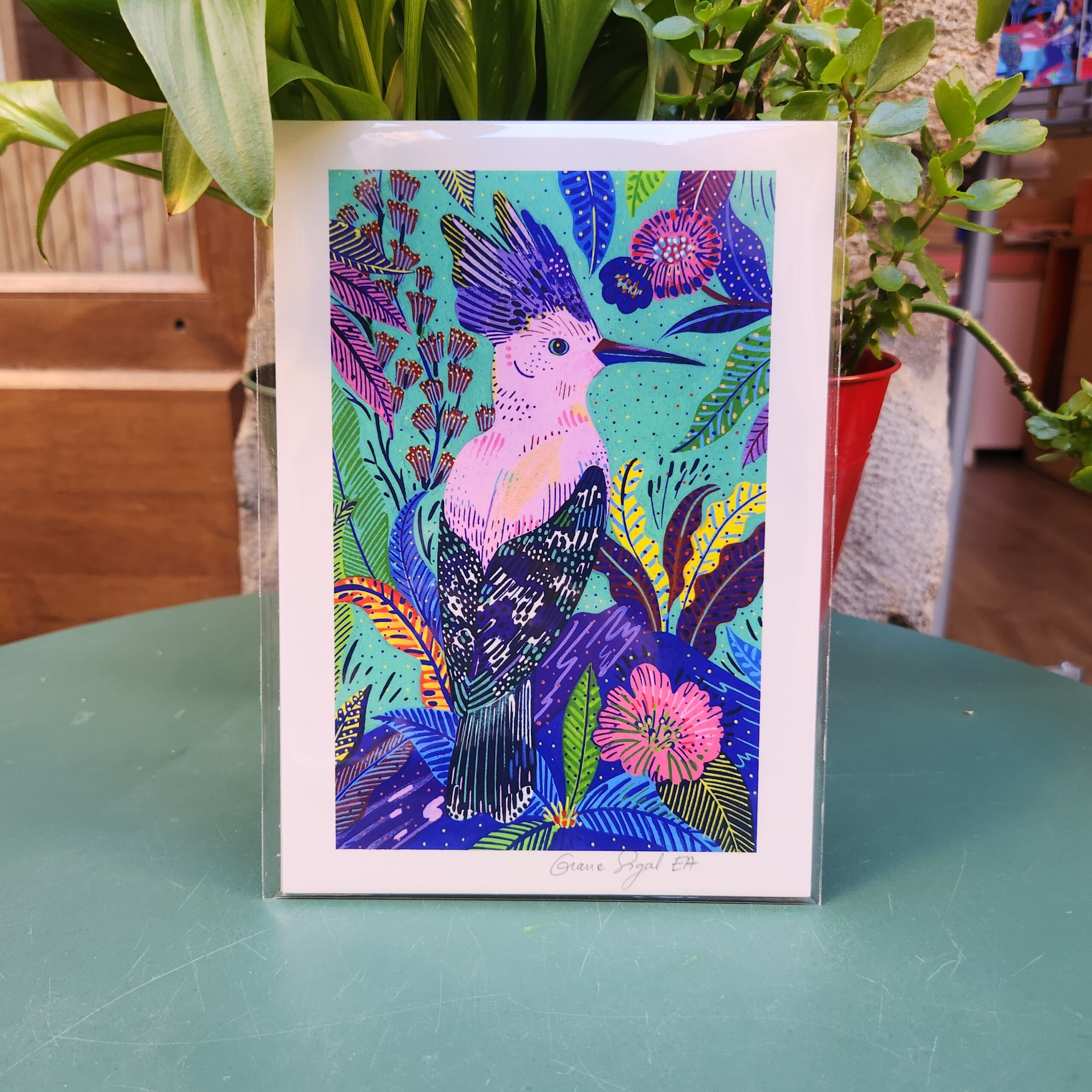 Huppe fasciée à la crête dressée parmi des fleurs roses et feuillages turquoise, tirage d'art illustré par Orane Sigal